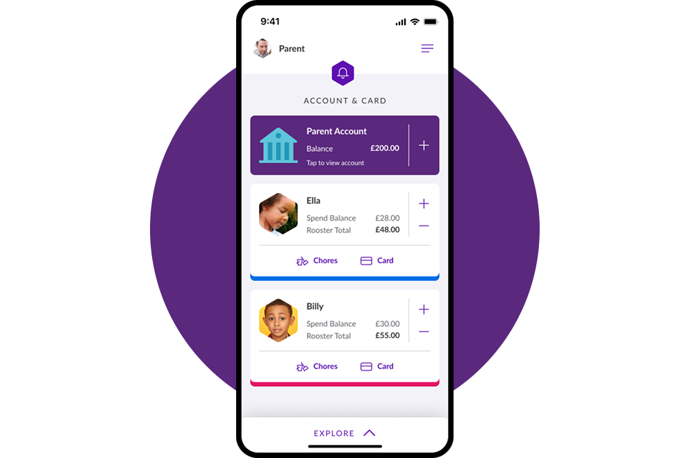 app in purple circle parent view, multiple kids account